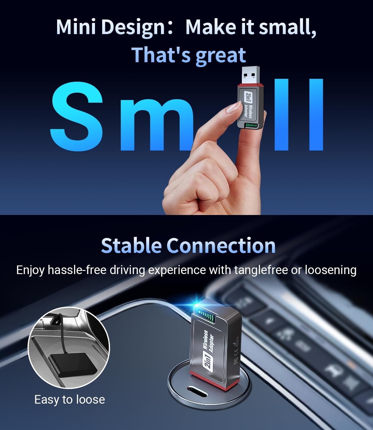 Wireless Carplay Adapter, 2025 Upgrade Mini USB Design for Car Play & Android Auto, Easy Use Fast Stable Connection for iPhone 8