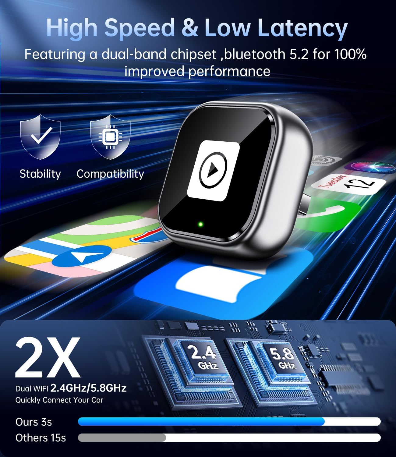 Wireless Carplay Adapter, 2025 Upgrade Mini USB Design for Car Play & Android Auto, Easy Use Fast Stable Connection for iPhone 3