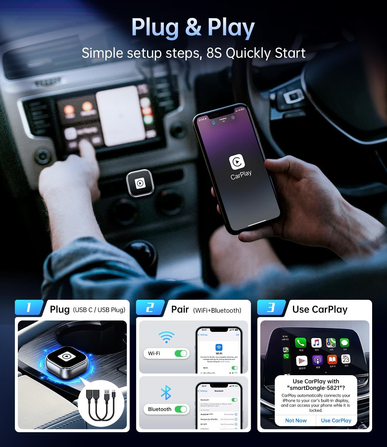 Wireless Carplay Adapter, 2025 Upgrade Mini USB Design for Car Play & Android Auto, Easy Use Fast Stable Connection for iPhone 4