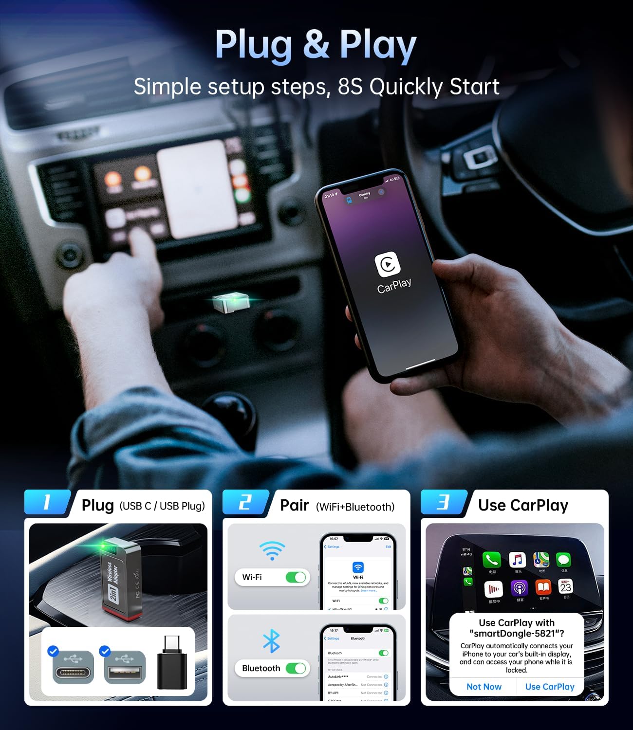 Wireless Carplay Adapter, 2025 Upgrade Mini USB Design for Car Play & Android Auto, Easy Use Fast Stable Connection for iPhone 6