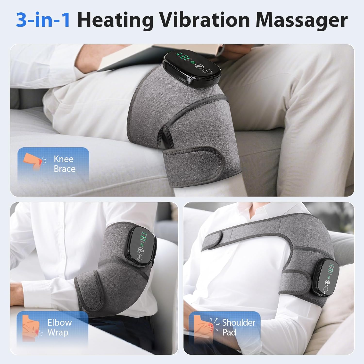 Heated Knee Massager, Foot Massager with Heat, Shoulder Massagers with Heat, Knees Warmers Wrap, 3-in-1 Vibration Heating Pad for Knee 7