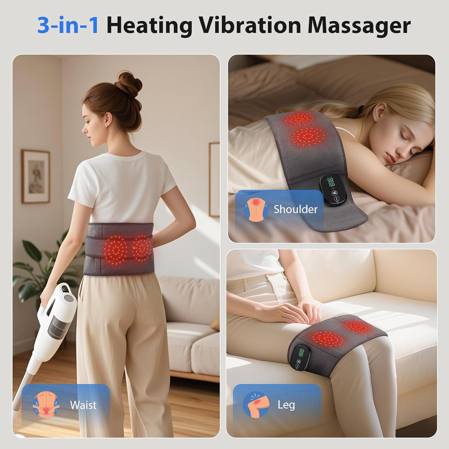 Lower Back Massager with Heat, Heating Pad for Back, Stomach Heating Pad, Waist Belt Wrap with Heat Vibration 3 Levels Adjustable, Touchscreen Control, Adjustable Size, Gifts for Dad Mom (Grey) 5