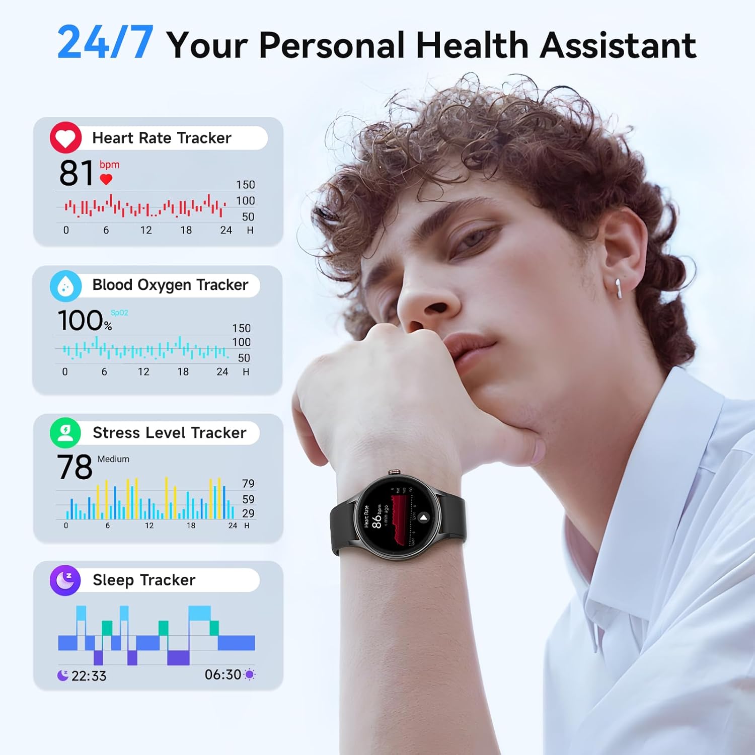 【DR06】Smart Watches for Women (2 Bands), 40mm Stylish Round Smartwatch, IP68 Waterproof Fitness Tracker with Bluetooth Calls (Make/Answer), Heart Rate/SpO2/Sleep Monitor, 7 Days Battery 5