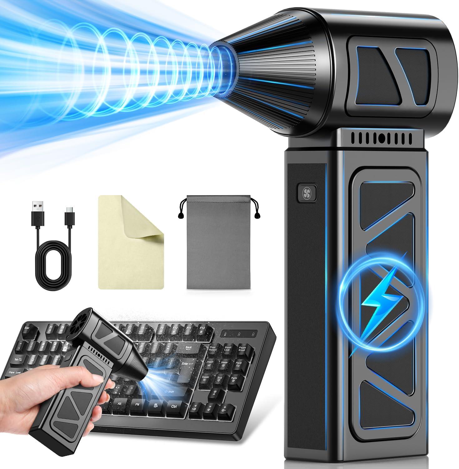 Compressed Air Duster, Powerful with Brushless Motor, 5-Gear Rechargeable Cordless Air Blower Turbo Fan