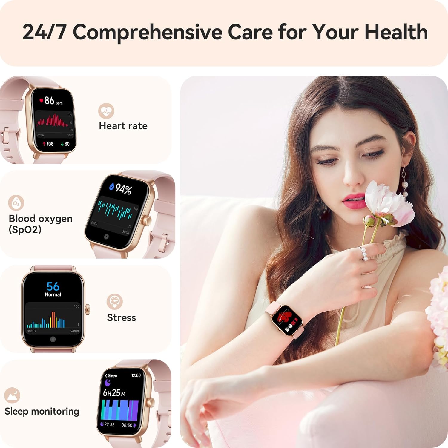 【IDW19H】Smart Watch for Women Android & iPhone,1.8" Smartwatch with Heart Rate/SpO2/Sleep Monitor, 7
