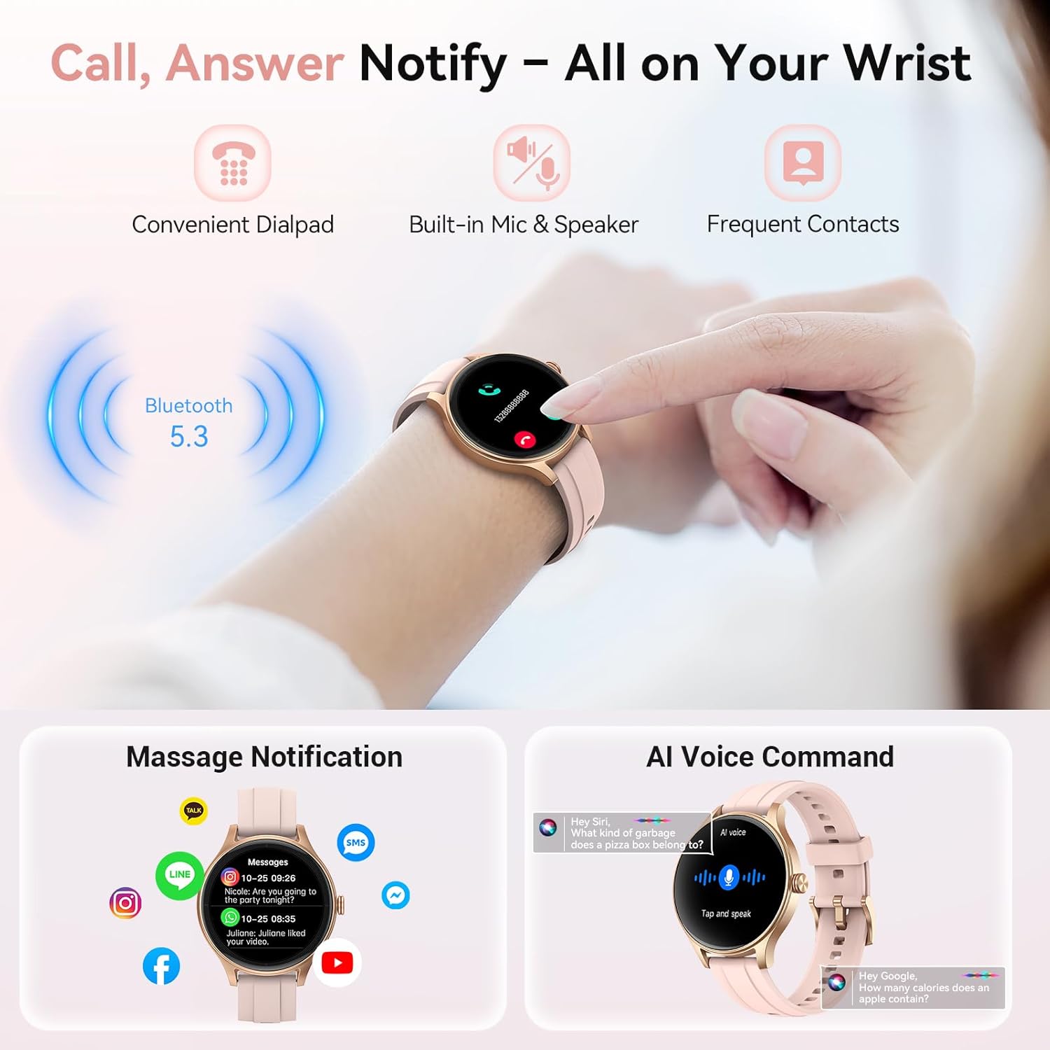 【DR06】Smart Watches for Women (2 Bands), 40mm Stylish Round Smartwatch, IP68 Waterproof Fitness Tracker with Bluetooth Calls (Make/Answer), Heart Rate/SpO2/Sleep Monitor, 7 Days Battery 3