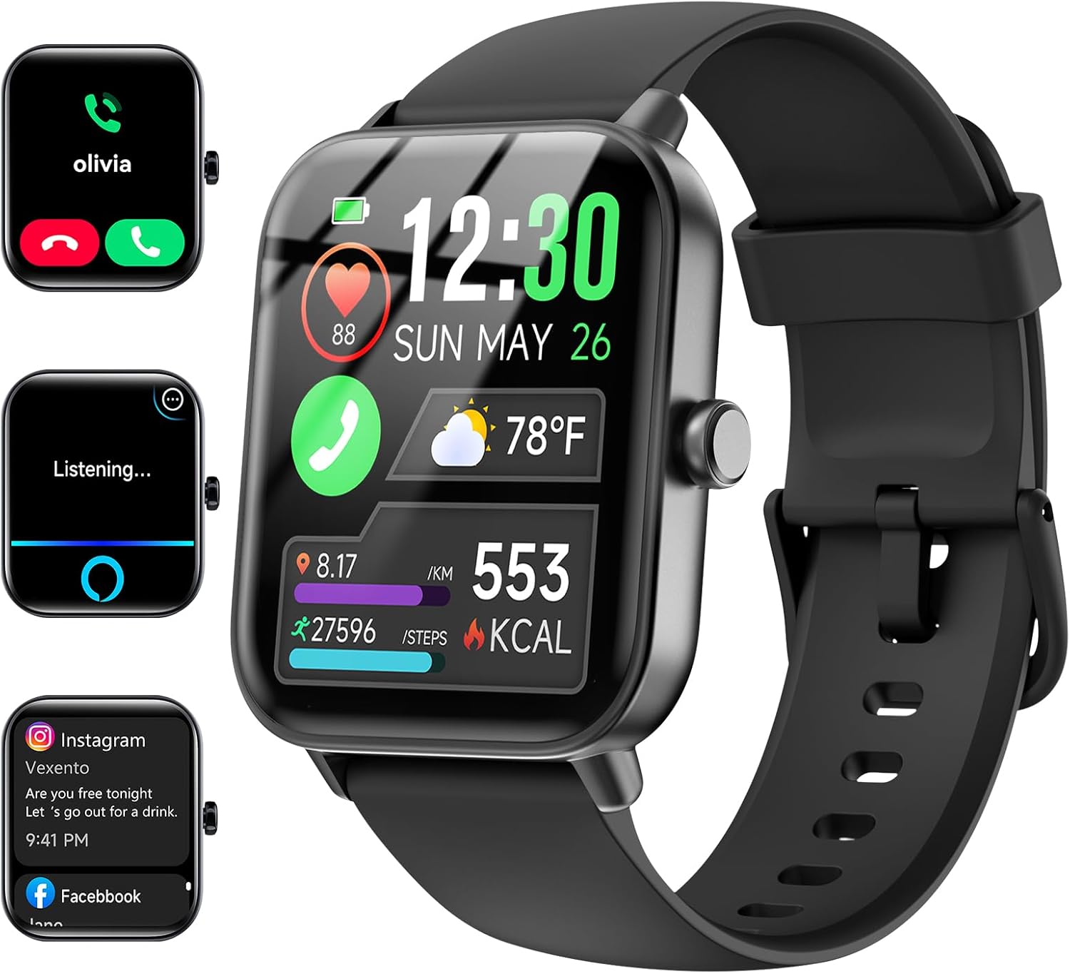 【IDW19H】1.8" Fitness Tracker, IP68 Waterproof Smartwatch for Android & iPhone with Bluetooth Call Heart Rate/SpO2/Sleep Monitor/Pedometer, Black