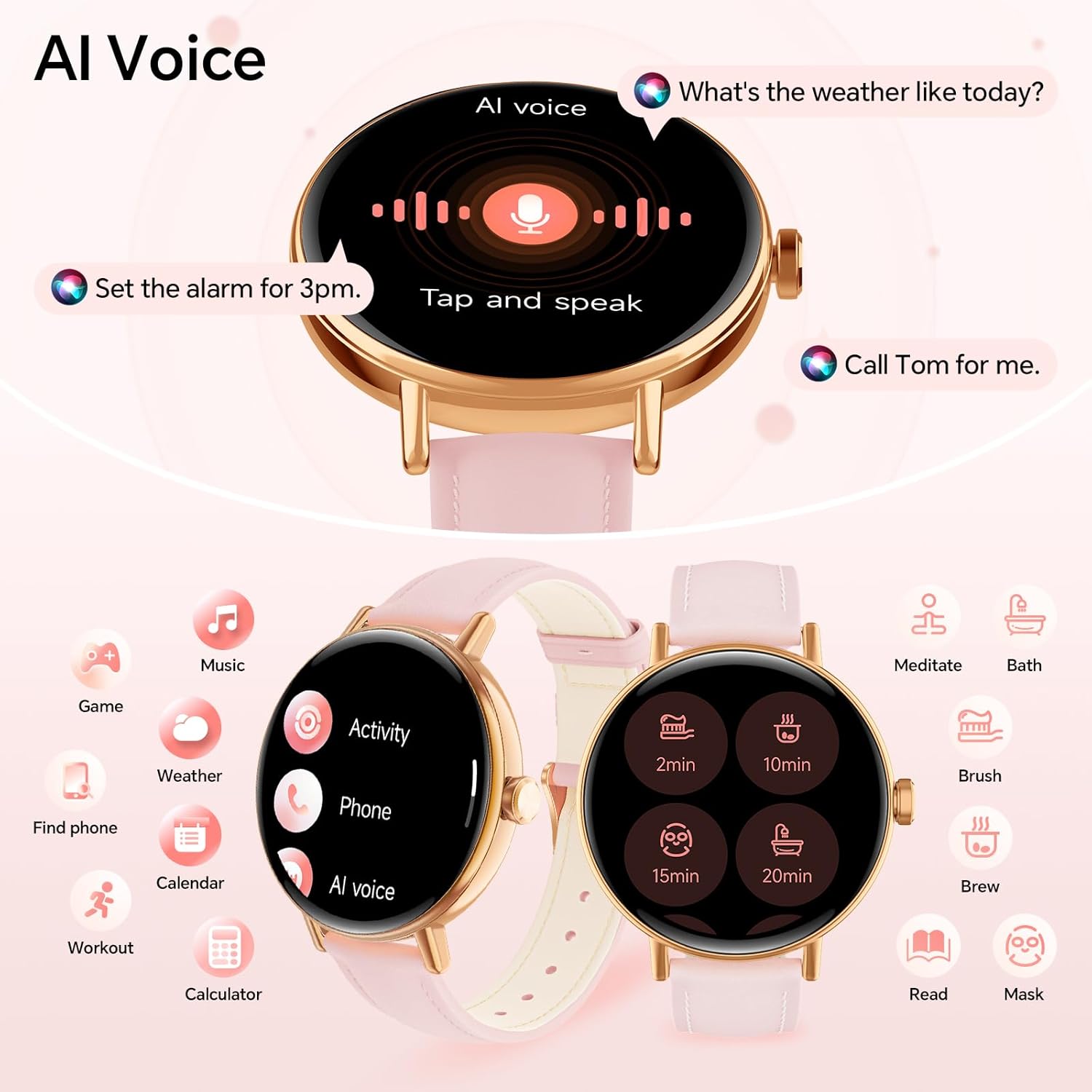 【DR05】1.27" HD Dynamic Dial Fitness Watch with Heart Rate/Sleep/SpO2, Leahter Ladies Smartwatch for iPhone/Samsung/Android 9