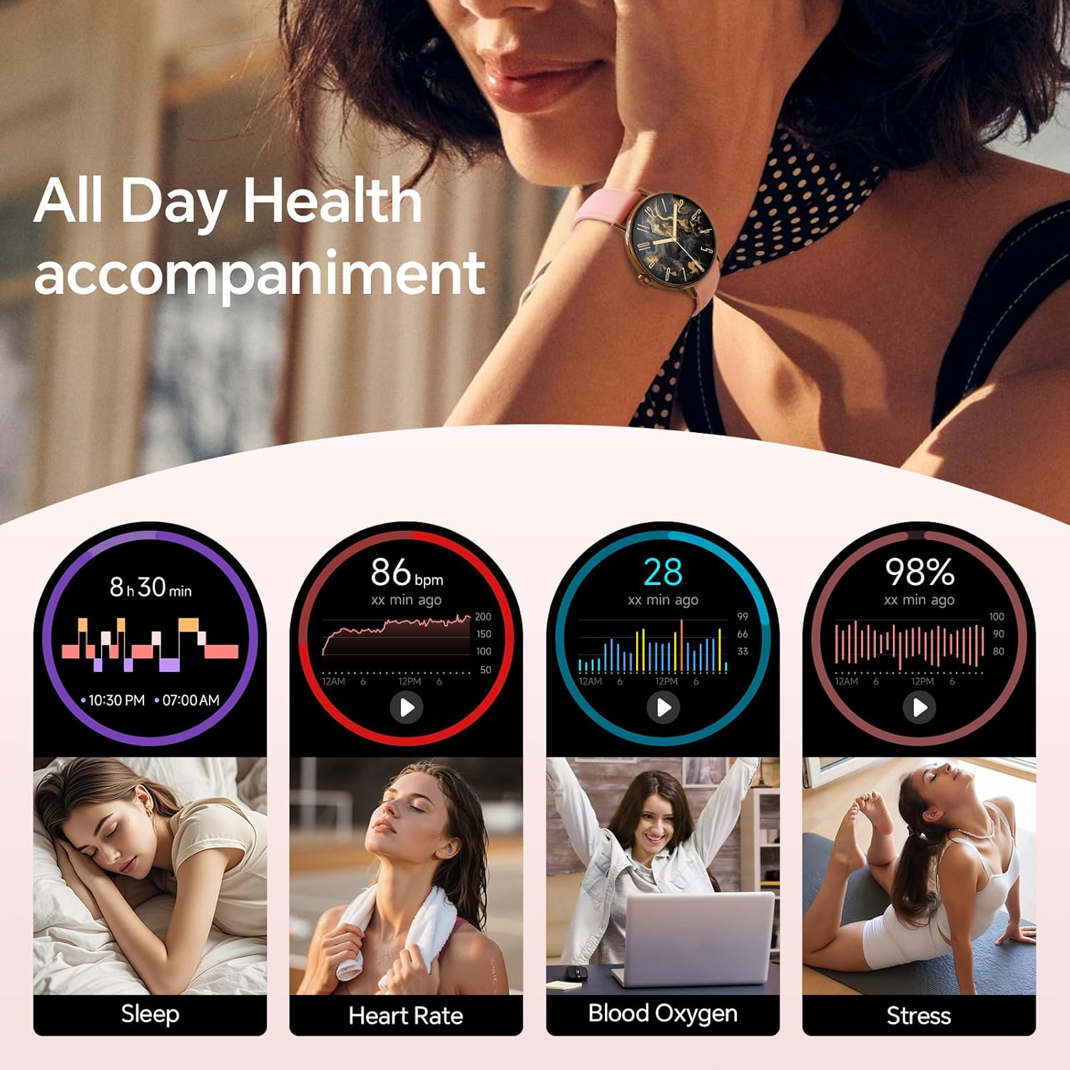 【DR05】1.27" HD Dynamic Dial Fitness Watch with Heart Rate/Sleep/SpO2, Leahter Ladies Smartwatch for iPhone/Samsung/Android 10