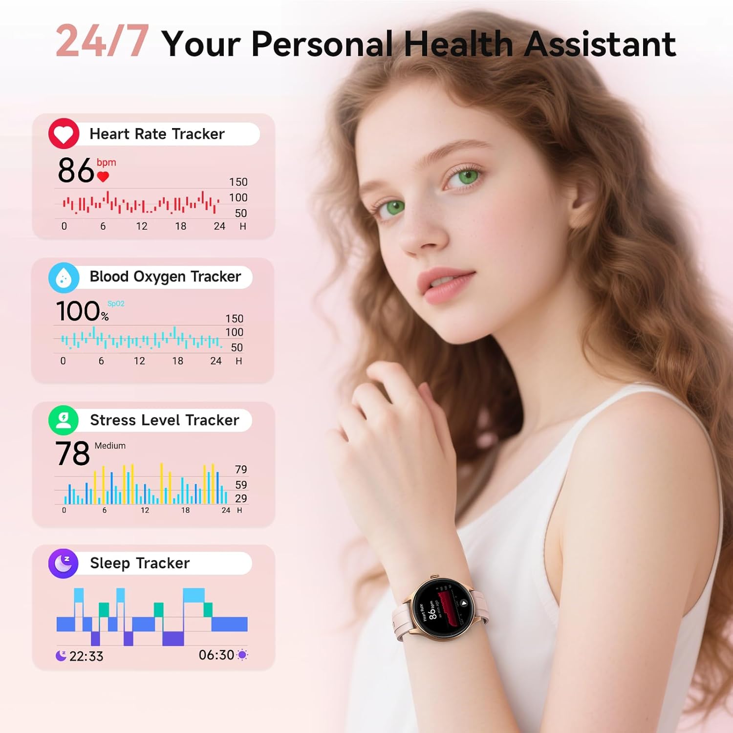 【DR06】Smart Watches for Women (2 Bands), 40mm Stylish Round Smartwatch, IP68 Waterproof Fitness Tracker with Bluetooth Calls (Make/Answer), Heart Rate/SpO2/Sleep Monitor, 7 Days Battery 4