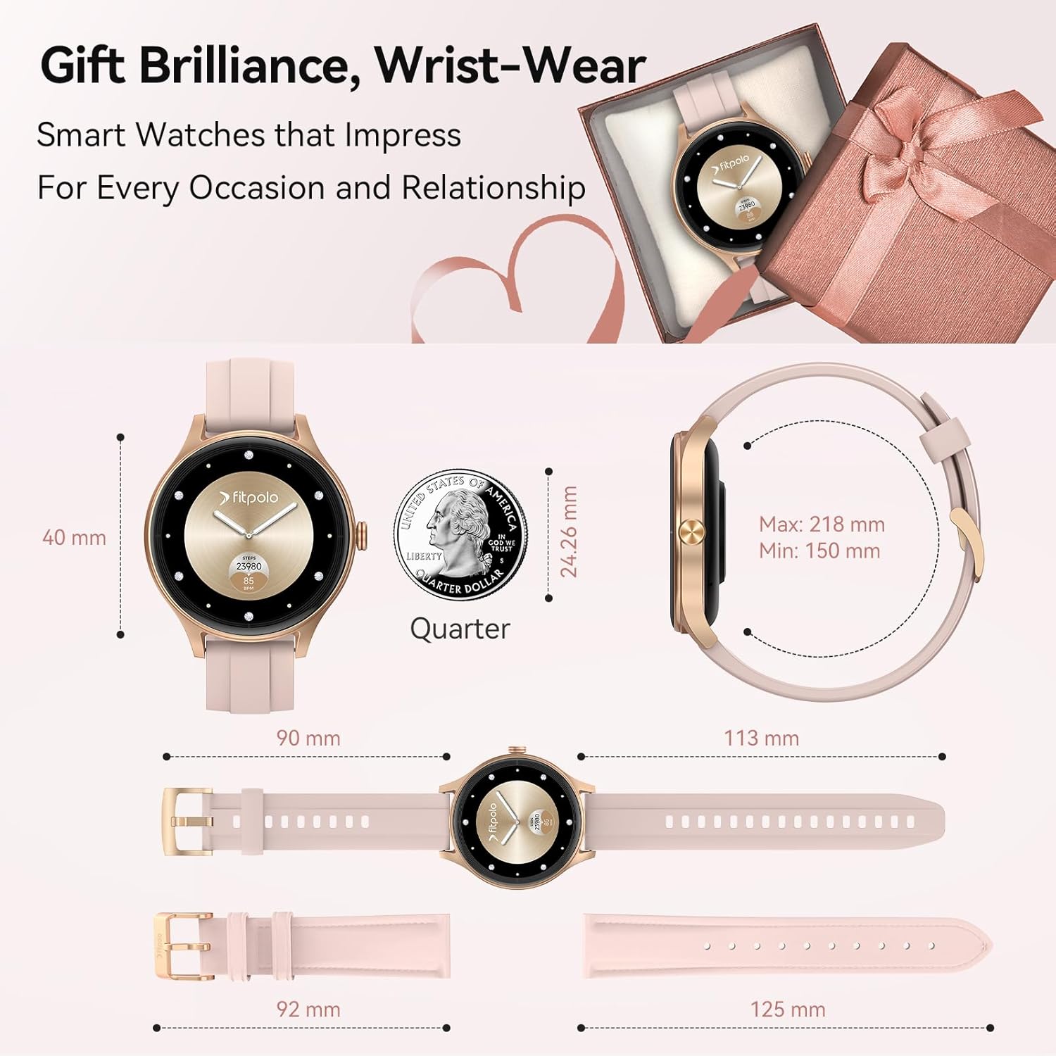 【DR06】Smart Watches for Women (2 Bands), 40mm Stylish Round Smartwatch, IP68 Waterproof Fitness Tracker with Bluetooth Calls (Make/Answer), Heart Rate/SpO2/Sleep Monitor, 7 Days Battery 8