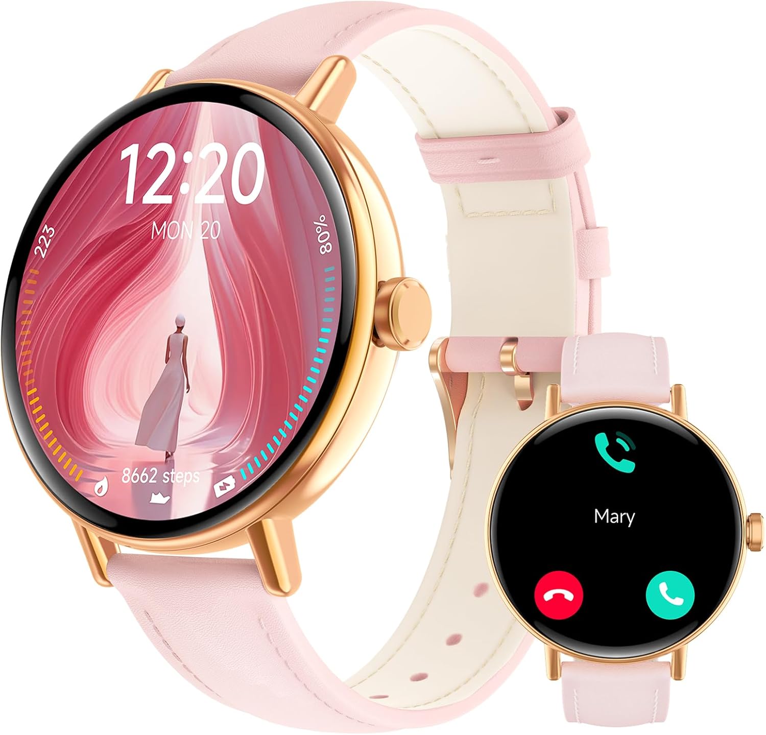 【DR05】1.27" HD Dynamic Dial Fitness Watch with Heart Rate/Sleep/SpO2, Leahter Ladies Smartwatch for iPhone/Samsung/Android
